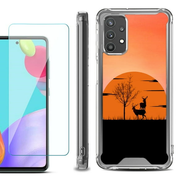 Shockproof Bumper Phone Case for Samsung Galaxy A52 5G, with Tempered Glass Screen Protector, by OneToughShield ® - Sunset Deer