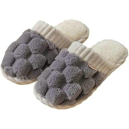 

DanceeMangoo Women Men Trendy Cozy Fluffy Fur Memory Foam House Slippers Warm Furry Bubble Bow Fashion Shoes Indoor