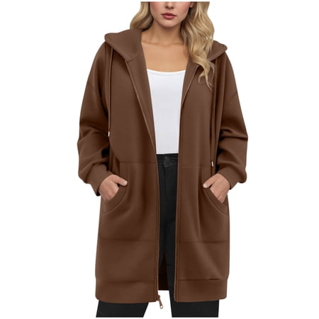 Moxiu Women Plus Size Zip Up Hoodies Jackets Fall Long Sleeve Tunic Sweatshirt Long Fleece Hoodie Jacket Outwear with Pockets 2025 Coffee XL