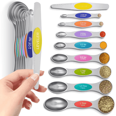 Minteem Premium Magnetic Measuring Spoons Set|Strong N52 Magnets|Heavy Duty Stainless Steel|Dual-Sided for Spice Jar & Liquid Measuring|Dishwasher Safe|8 Spoons with Leveler for Baking & Cooking