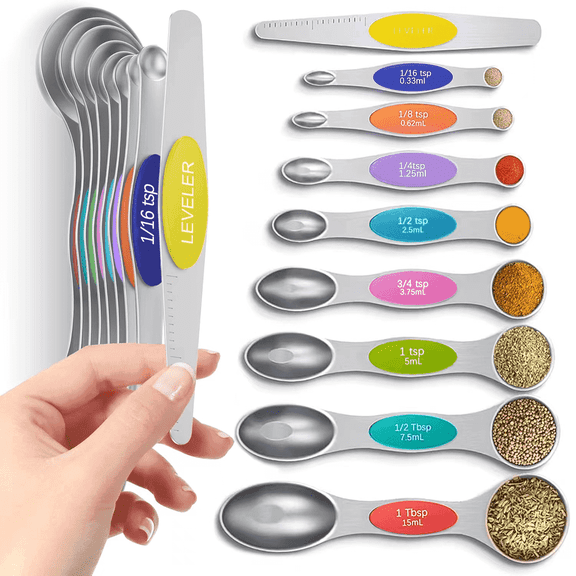Minteem Premium Magnetic Measuring Spoons Set|Strong N52 Magnets|Heavy Duty Stainless Steel|Dual-Sided for Spice Jar & Liquid Measuring|Dishwasher Safe|8 Spoons with Leveler for Baking & Cooking