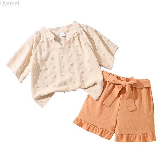 Liyamei Girls' Summer Casual Outfit – V Neck T Shirt & Shorts Set Breathable Playwear For Tweens Trendy Solid Color Matching Clothes Girls Casual Sets Size Beige 9-10 Years