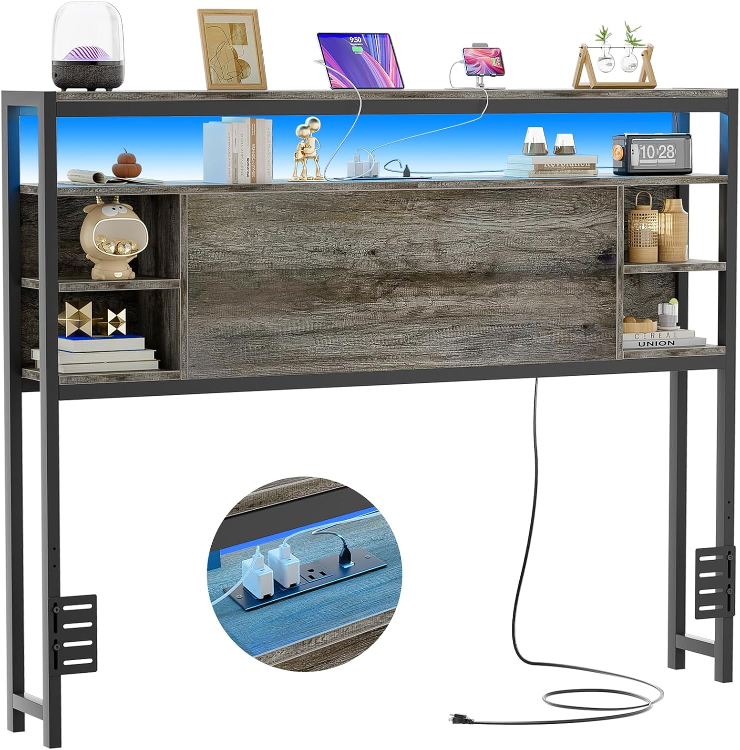 Homieasy Full Headboard with Storage, Headboards with Power Outlets and Smart LED Light, Sturdy Head Board for Full Size Bed, Black Oak