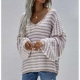 thumbnail image 4 of Womens Loose Crewneck Long Sleeve Stripped Off the Shoulder Knitted Solid Pullover Fall Jumper Tops Khaki S, 4 of 7