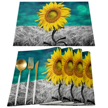 

Cotton Linen Placemats Set of 6 Farmhouse Dining Table Place Mats Home Kitchen Decor - Washable Durable Place Mats Abstract Sunflower at Night Placemats for Indoors Outdoors 13x19 Inch