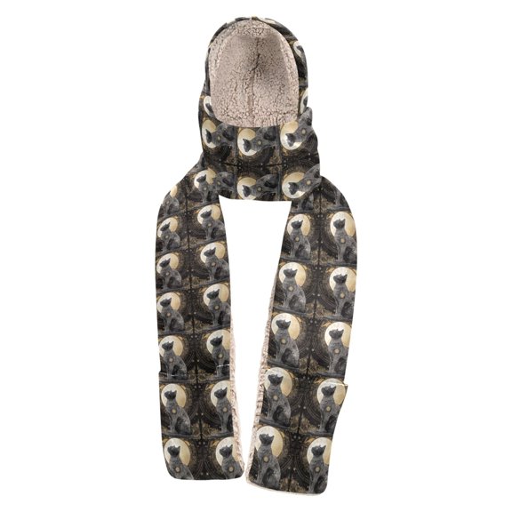 BZSMCE Warm Fleece Hood Scarf Wrap Celestial Black Cat Pattern