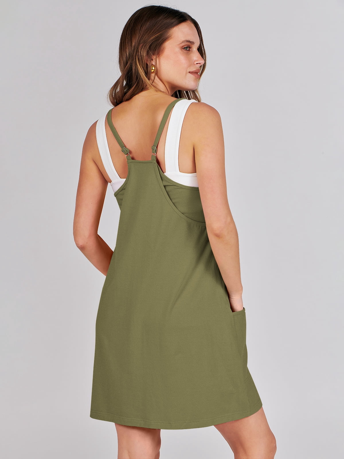 ANRABESS Athletic Dress for Women Tennis Dress with Shorts Summer Active Workout Romper Dress Sleeveless Spaghetti Strap Mini Dress Casual Sundress Vacation Outfits Army Green L