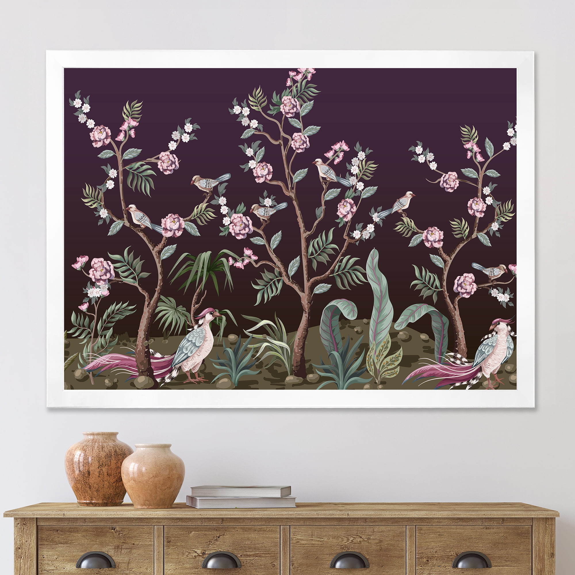 Designart 'Chinoiserie With Peonies and Birds I' Traditional Framed Art Print