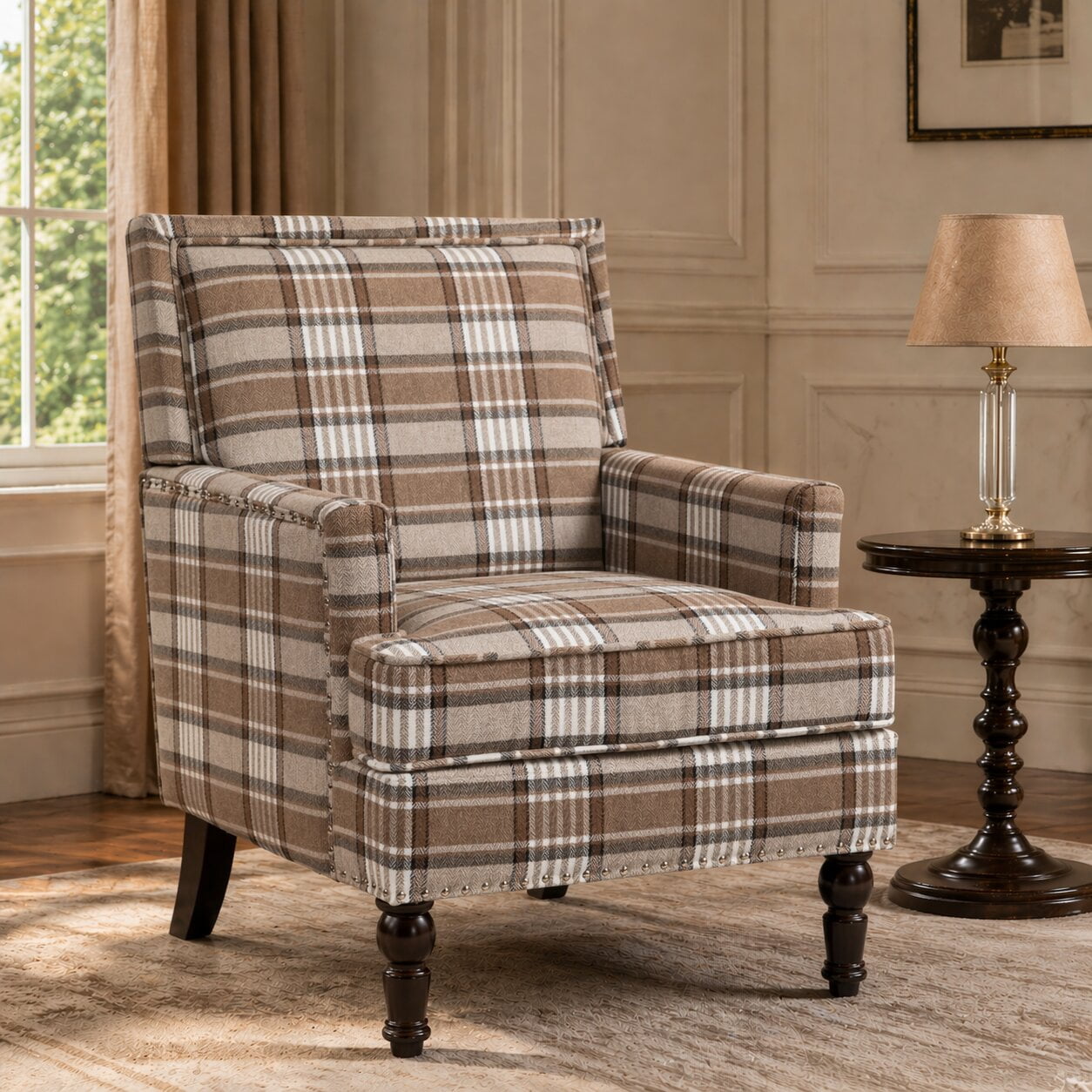 Leumius Modern Accent Chair with Wood Legs,Vintage Upholstered Armchair Single Sofa Chair Reading Accent Chair for Living Room Bedroom Office,Coffee