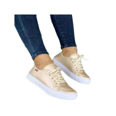 

UKAP Women Comfort White Sneaker Work Walking Shoe Casual Low Top Fashion Sneakers Gold 7.5