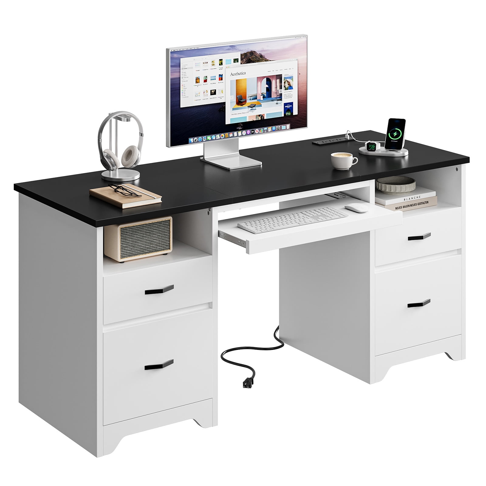 Bestier 59''Computer Desk with 4 Drawers,Office Desk with Storage,Modern Executive Desk with File Drawer, Office Desk with Charging Station, Keyboard Tray for Home office, Study & Bedroom，White