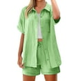 thumbnail image 3 of GILIGEGE 2 Piece Linen Set for Women Women's Fashionable and Casual Solid Color Double Layer Wrinkled Single Pocket Short Sleeve Top Shorts Set Button Down Shirts and Shorts Beach Outfit Sets, 3 of 9