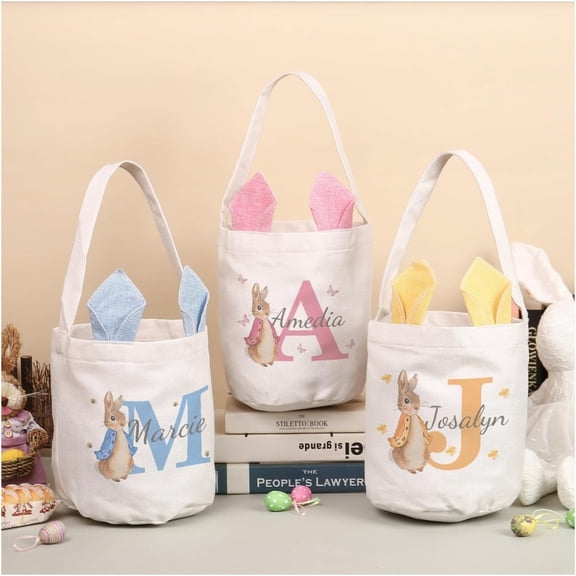 Easter Basket Decorative Baskets, Handmade Artificial Wicker Easter Basket with Handle – Bunny Rattan Woven Basket, Rabbit Ear Straw Easter Egg Candy Basket for Easter Egg Hunting