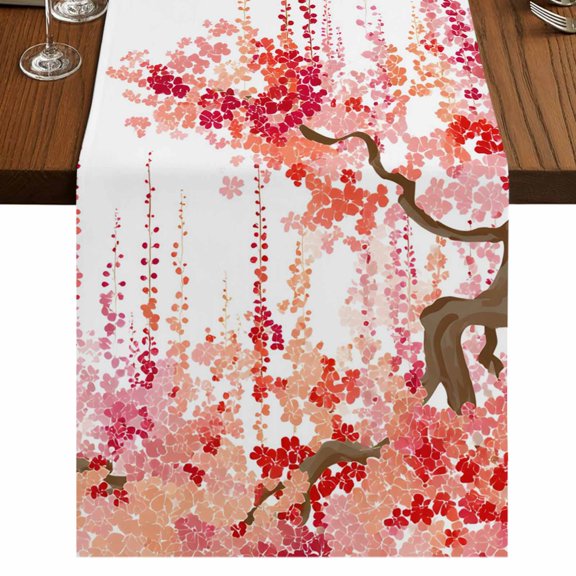 Table Runners 72 Inches Long Dress Scarves, Red Orange Cherry Blossoms Farmhouse Kitchen/Dining Table Runner, Coffee Tablerunners, Spring Weeping Leaves Watercolor 18x72 Inch