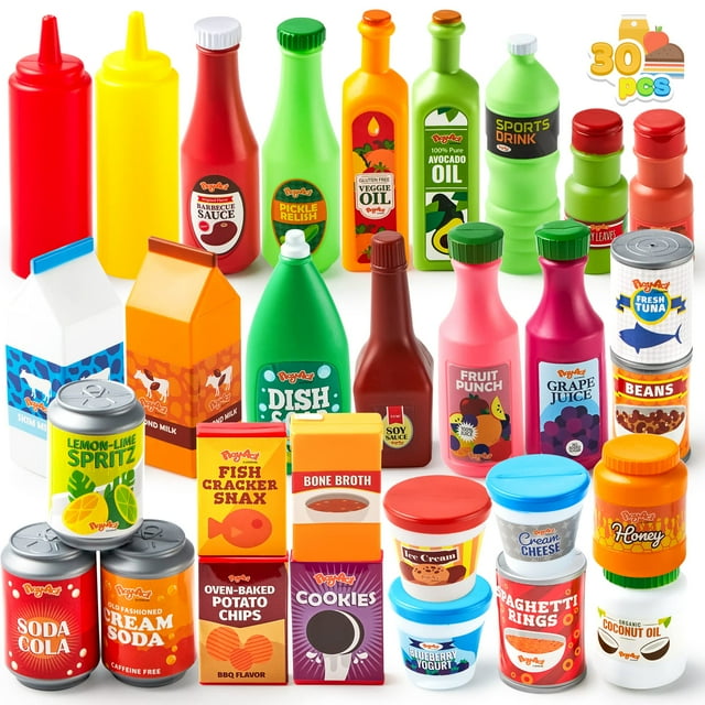 Latas de supermercado Joyin de Play Food, 30 unidades, con bebida, zumo, tarro y más