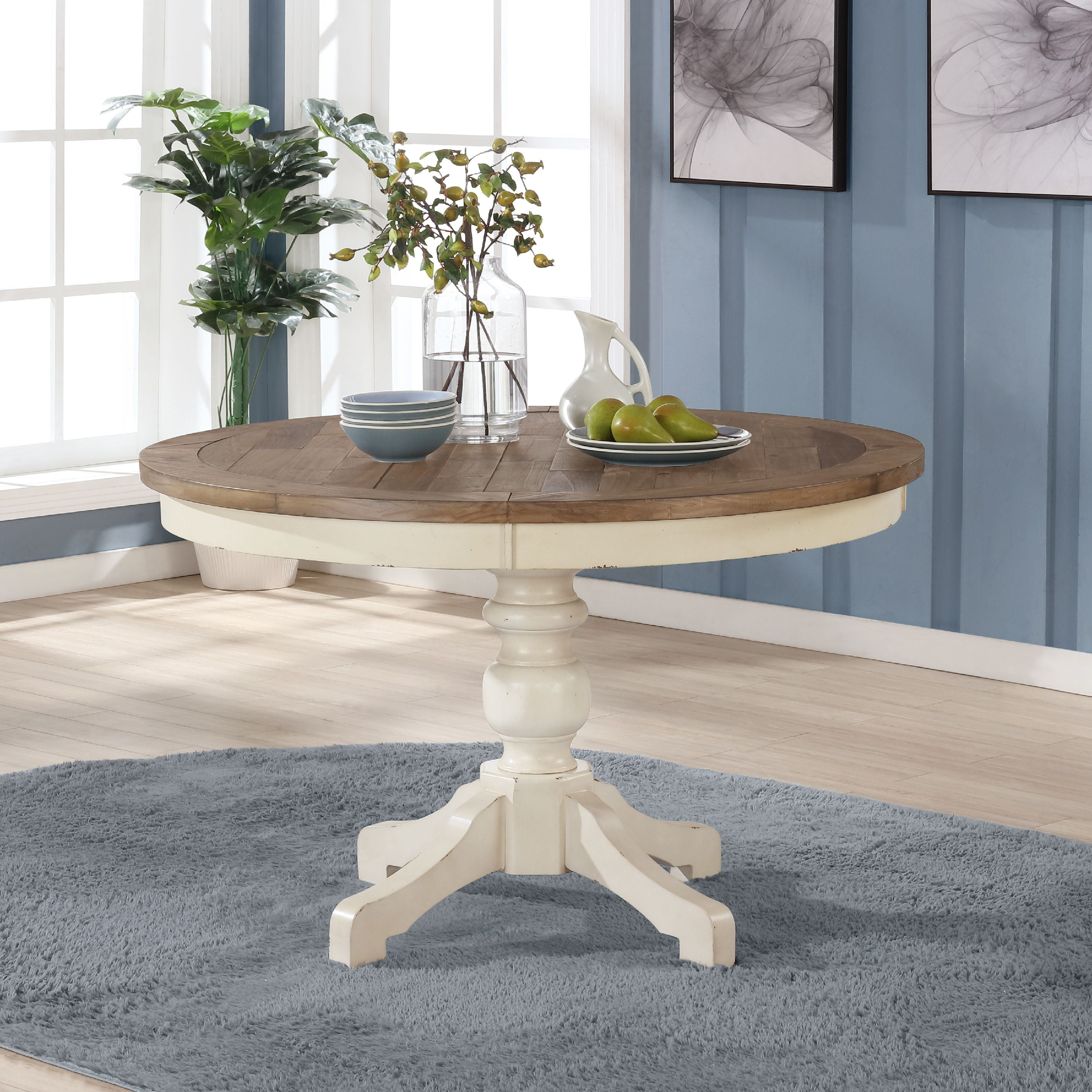 Prato Round Antique White and Distressed Oak Twotone Finish Wood Dining Table