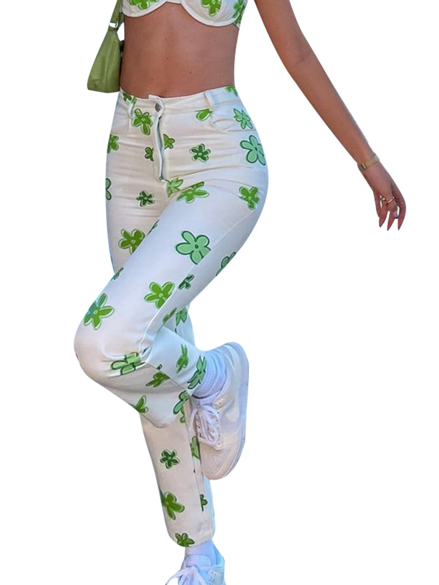 High Waist Relax Fit Floral Print Studded Stretch Sporty New Women Wear Pant 
