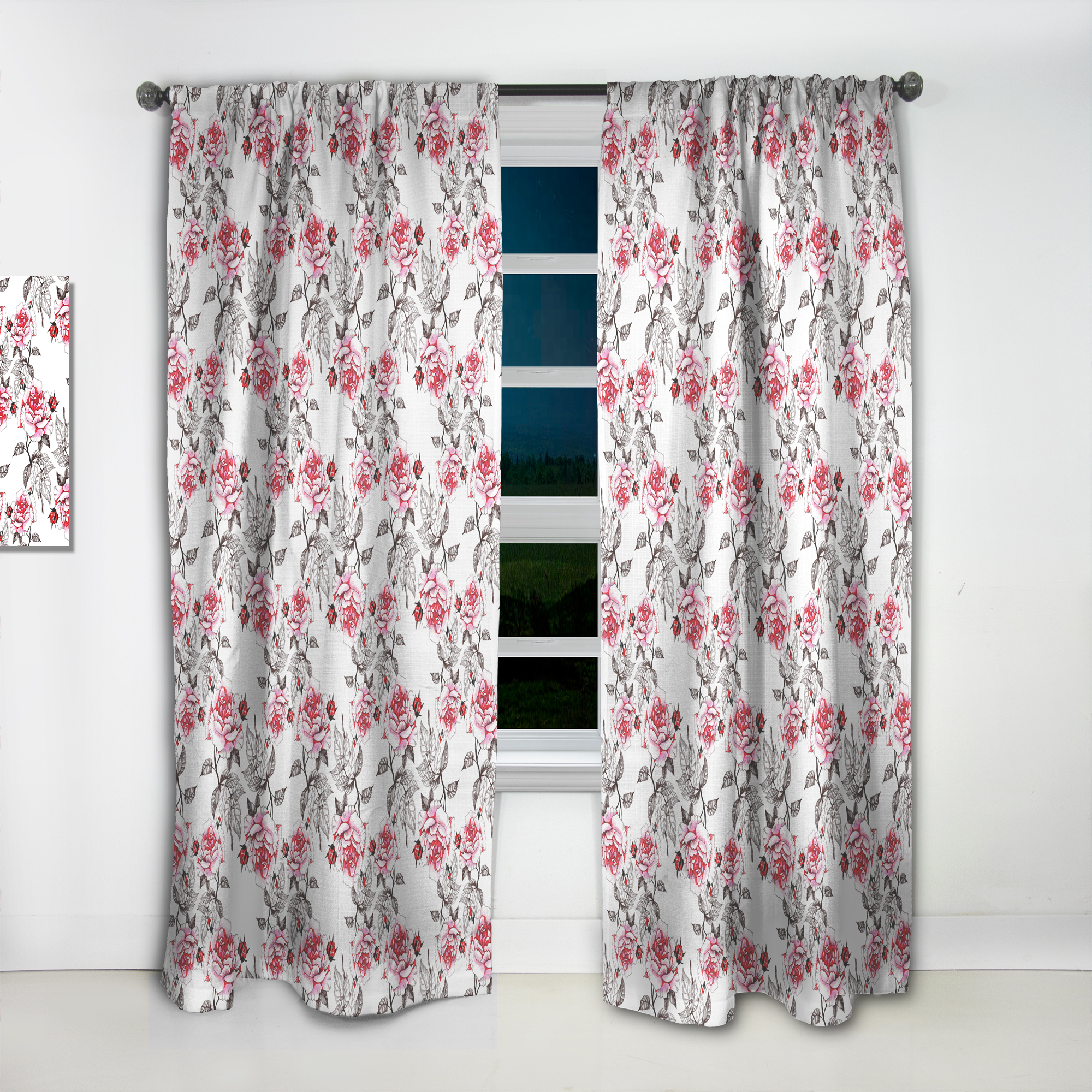 Designart 'Red Poppies With Seamless Pattern II' Floral Curtain Panel