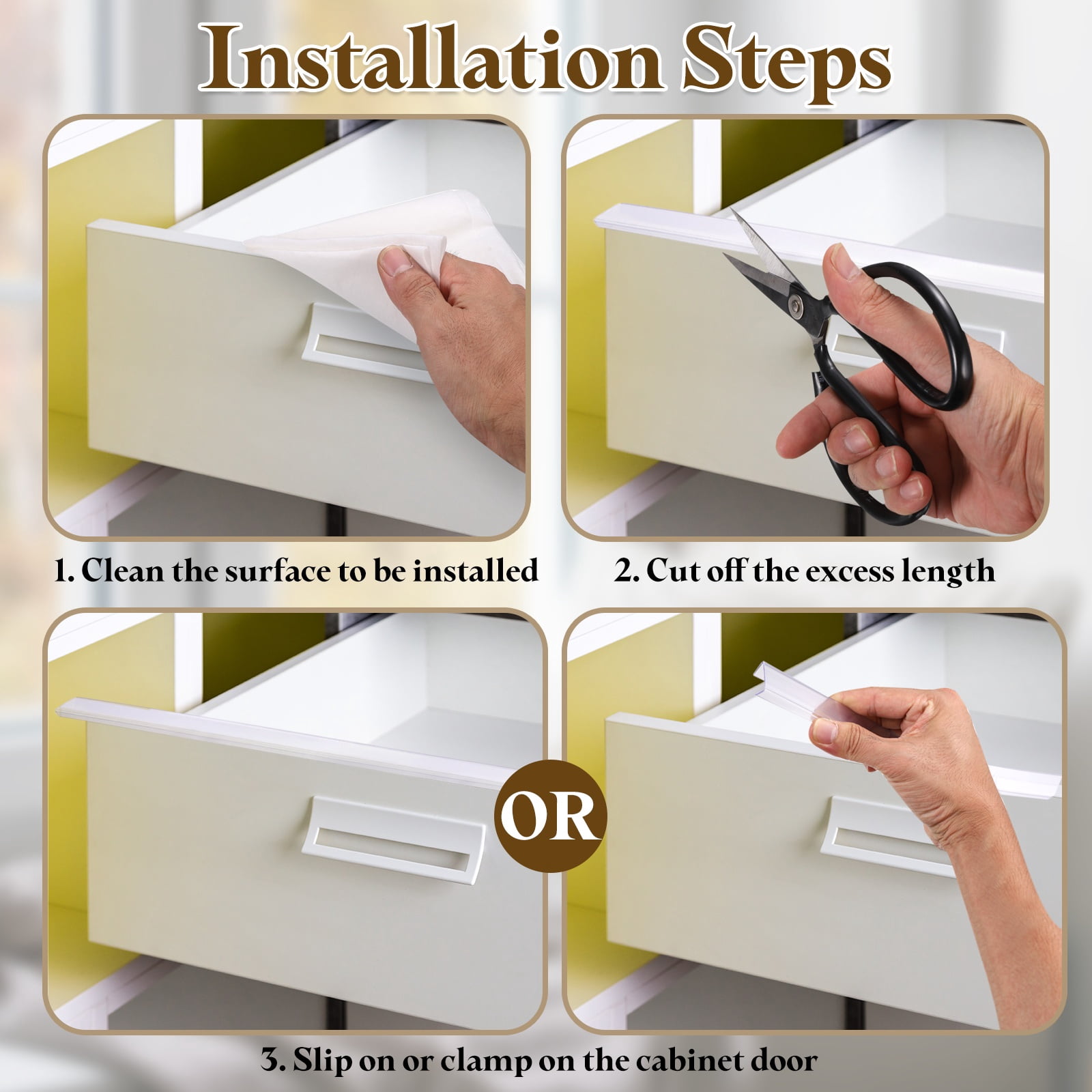 4Pack Cabinet Door Protector, 18" x 7/8" Edge Guard Slip-on Drawer Edge Protector for 11/16"- 13/16" Thick Kitchen Cabinets Door, Clear