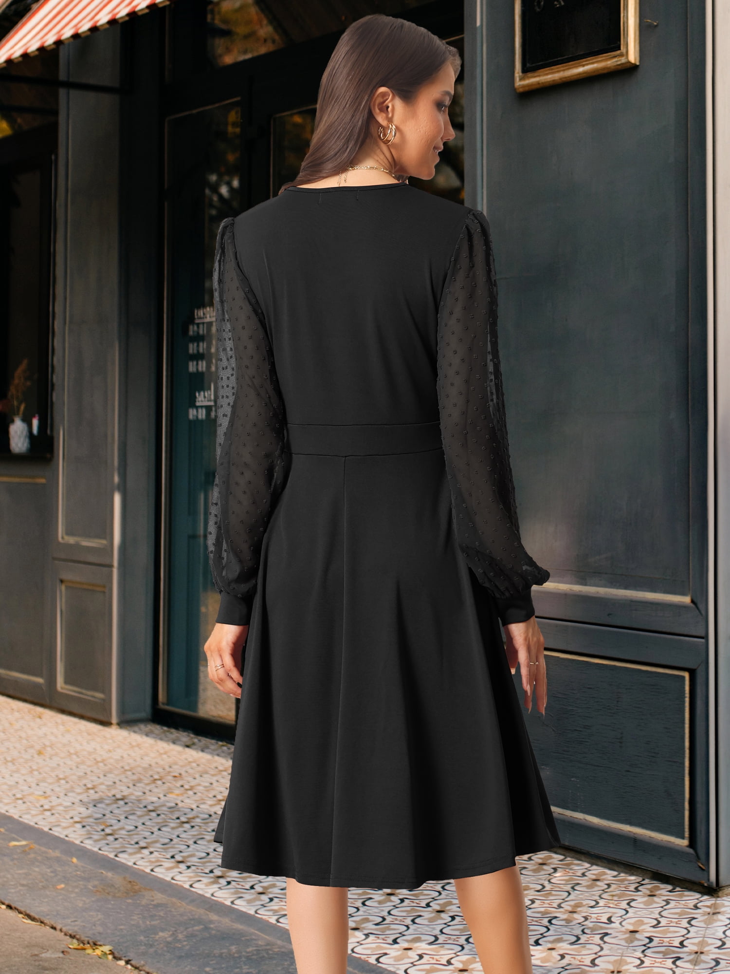 DARING DIVA V Neck Wrap Swiss Dots Lantern Sleeve Midi Swing Dress S Black