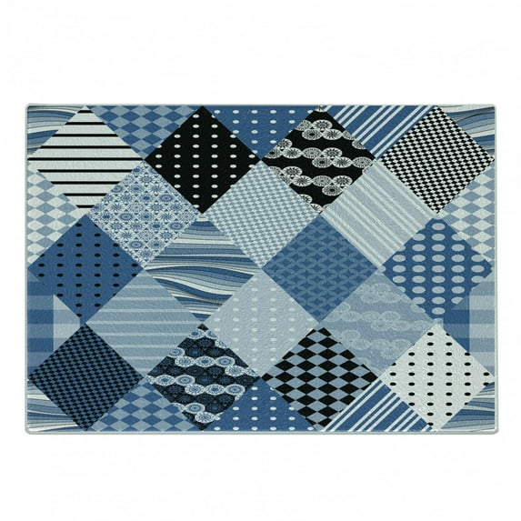 Geometric Cutting Board, Geometrical Diamond Shaped Lines with Various Nostalgic Fashioned Old Pattern, Decorative Tempered Glass Cutting and Serving Board, Small Size, Blue Black, by Ambesonne