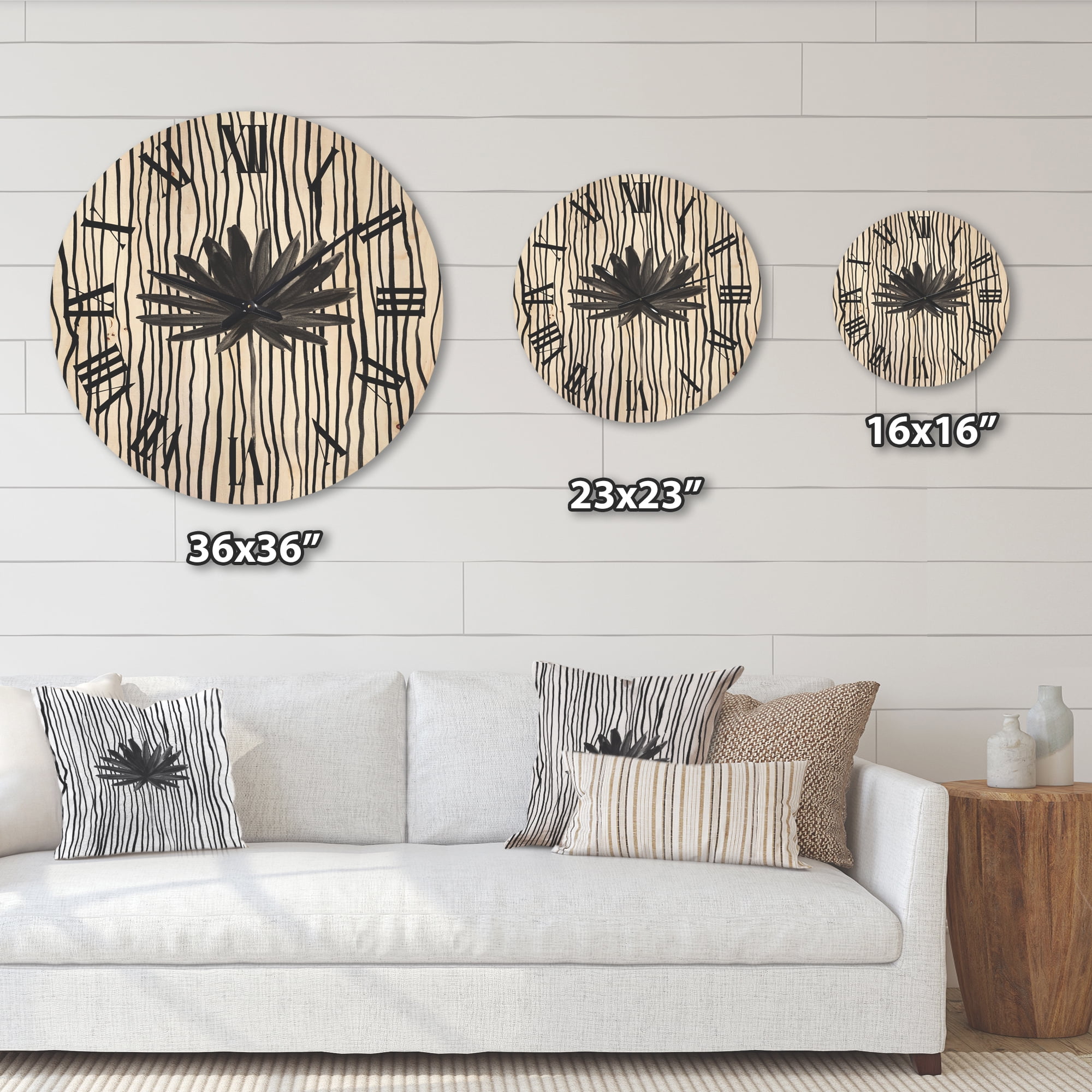 Designart 'Black and White Striped Under Tropical Leaf III' Modern Wood Wall Clock
