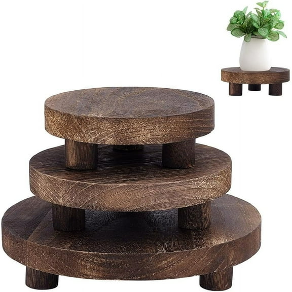 1Sets 3Pcs Wood Risers for Decor Flat Round Wood Display Base Riser Stand Wood Pedestal Rustic Farmhouse Riser for Home Kitchen (Brown 8/6/5 Inch)
