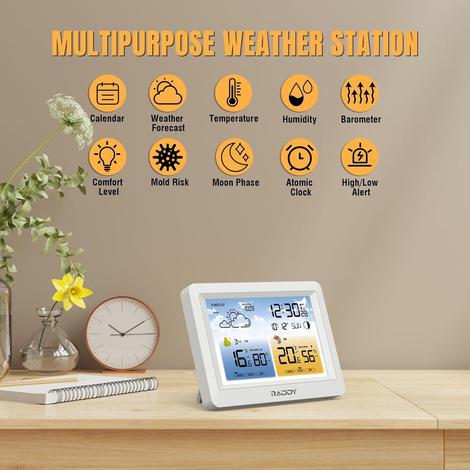 Raddy WM6 Weather Station with Wireless Remote Sensor, 2000mAh Built-in Battery, Thermometer Hygrometer Barometer, Atomic Clock, Weather Forecast