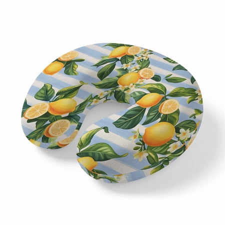 Neck Pillow for Travel Lemon Country Wildflower Leaf Memory Foam U Shaped Pillows Portable Headrest Blue Stripe on Retro Linen Neck Head Support Cushion for Home Office Car Airplane Sleeping
