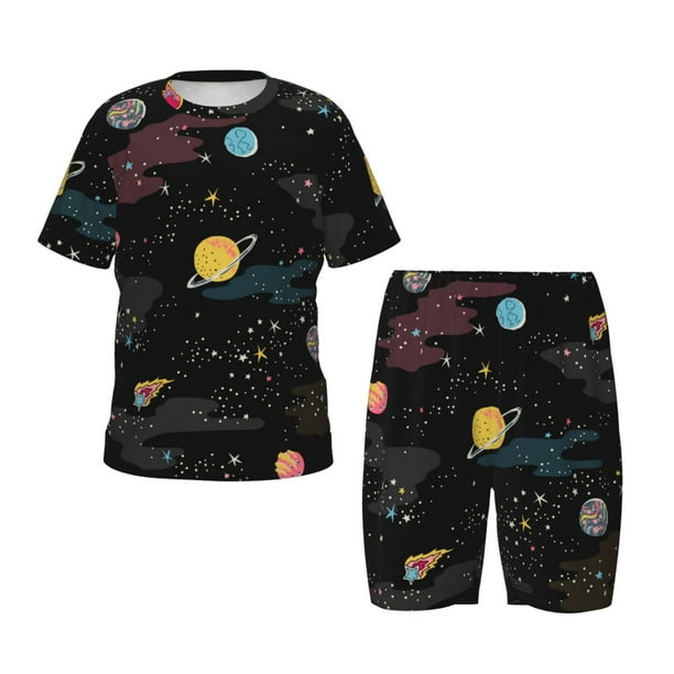 Fotbe Galaxy Pijama Estampada de 2 Piezas para Niños – Ropa de Dormir de Manga Corta Cómoda para Niños y Niñas, Camiseta y Shorts de Algodón-Small