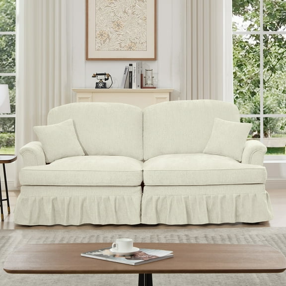 Newest Elegant Oversized Large Two Seater Sofa Couch, Flared Arms, Removable Ruffles Pleats Skirts, Spindle Legs,Comfy Chenille Two-Seat Love Seat Sofa for Living Room,Beige White