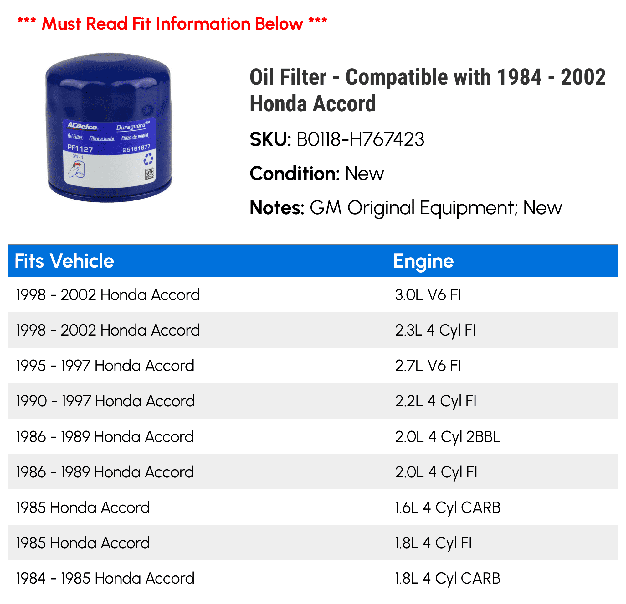 GM Original Oil Filter compatible with 1984-2002 Honda Accord 