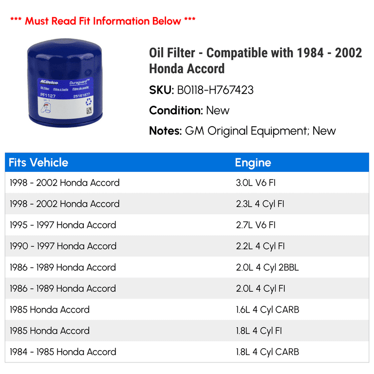 GM Original Oil Filter compatible with 1984-2002 Honda Accord 