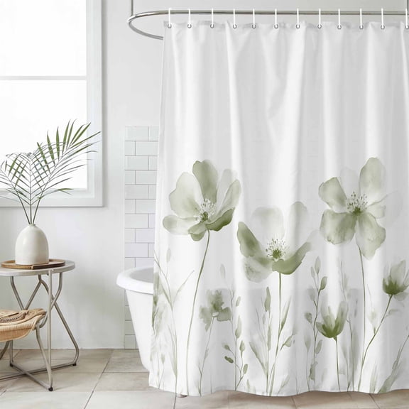 Sage Green Flowers Waterproof Fabric Shower Curtain,Watercolor Retro White Floral Leaves Waterproof Fabric Shower Curtain for Bathroom Curtains Bathtubs Shower Curtains with 12 Hooks Small 36x72in
