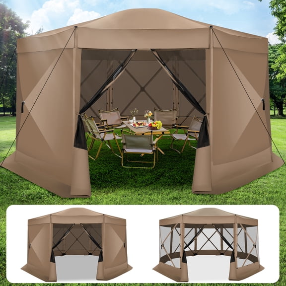 SANOPY 15'x15' Pop up Gazebo 8-Sided Outdoor Screen Gazebo with Netting & Sidewalls Camping Gazebo Instant Shelter Glamping Tent w/ Carrying Bag for Backyard Garden, Khaki