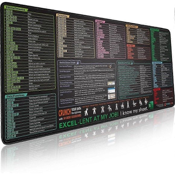 Excel Shortcut Keys Mouse Pad - Extended Large Xxl Cheat Sheet Gaming Mousepad | Pc Office Spreadsheet Keyboard Mat | Non-slip Stitched Edge