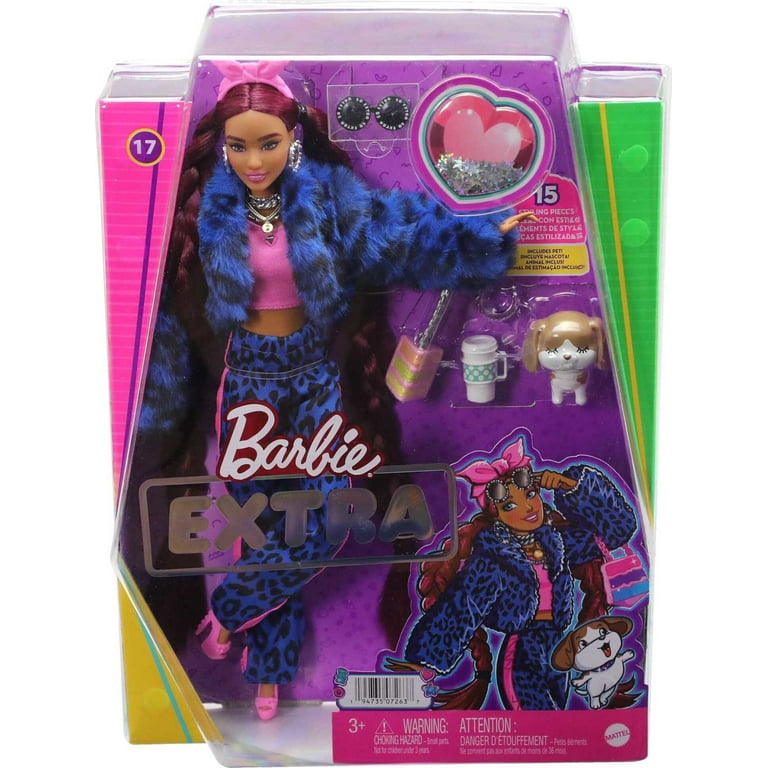Barbie Extra Fashion Doll with Burgundy Braids in Furry Jacket with  Accessories & Pet 