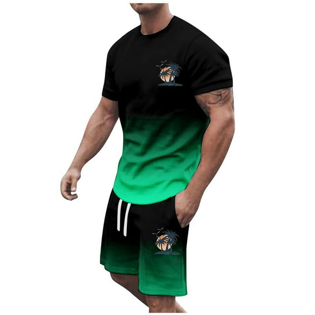 Ediodpoh Men's Suits Men's Summer Tracksuit Plus Size Short Sleeve O Neck Athletic Suit Casual Color Block Drawstring Waist Tracksuit Set Suits for Men Mint Green L