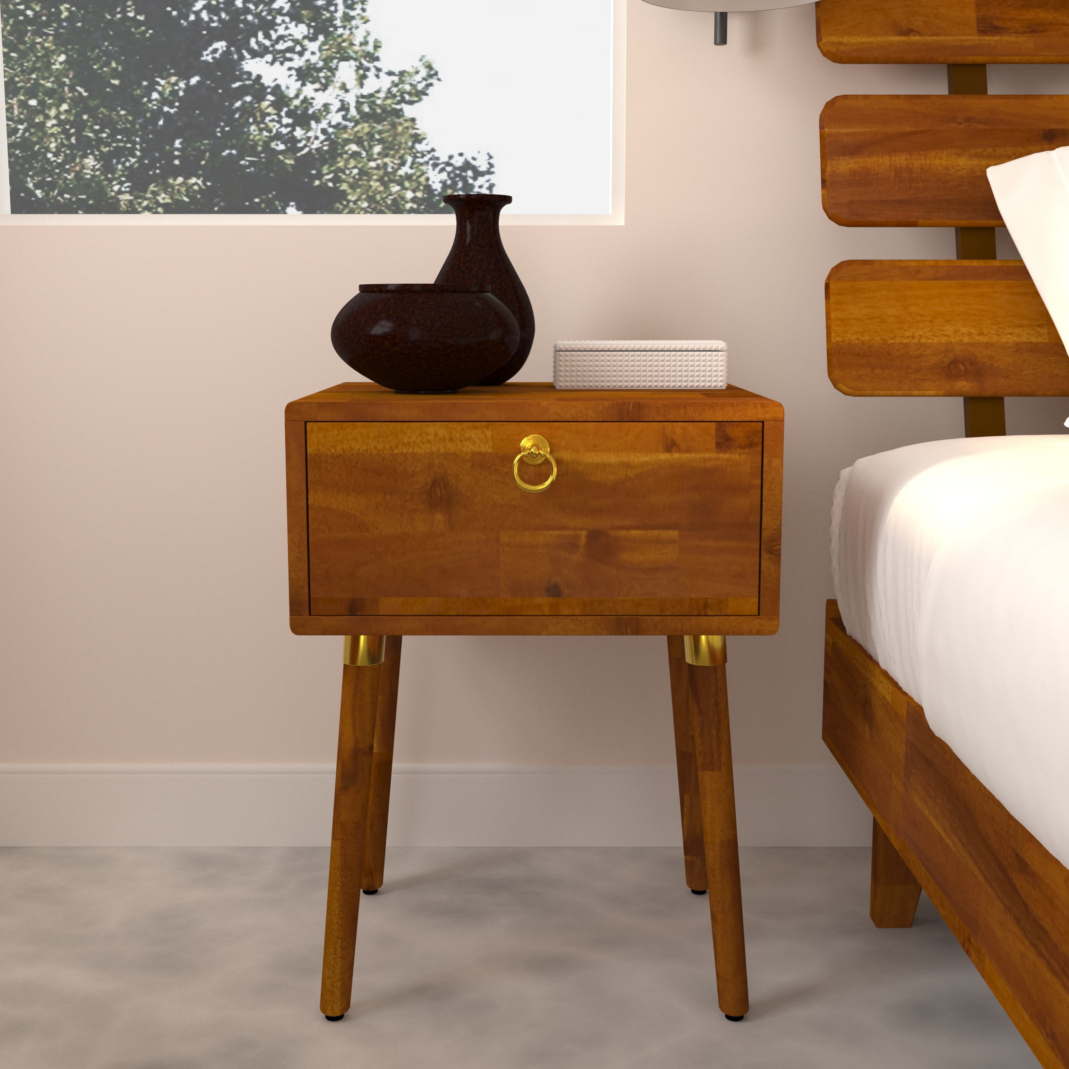 BME 2 Pieces Caramel Mid-Century Collection, Dalen Queen Wooden Bed Frame and Nightstand, Adjustable Headboard