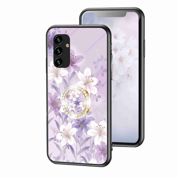 Nalacover for Samsung Galaxy A13 5G Slim Case,Exquisite Floral Pattern 360 Rotating Diamond Ring Holder Anti-Scratch Soft TPU Silicone Bumper Rubber Tempered Glass Back Cover.Purple magnolia