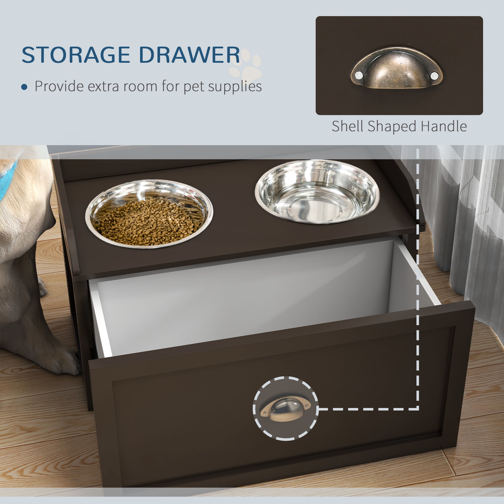 Orthopedic Dog Bed, PawHut Dog Feeding Station with Storage Drawer, Dog Food Storage Cabinet with 2 Removable Elevated Dog Bowls for Large Sized Dogs, Coffee, Coffee Dog Bed,Mdf Cat Bed