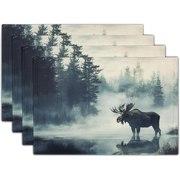 Fall Placemats Set of 4 - Moose Place Mat 12x18 Inch Autumn Forest Placemats Wildlife Table Mat for Party Kitchen