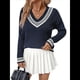 thumbnail image 2 of Suéteres Holgados con Cuello en V para Mujer, Jersey de Punto de Larga, Suéter Grueso A Rayas, Blusas Casuales Tipo Túnica. Azul Marino S, 2 of 10