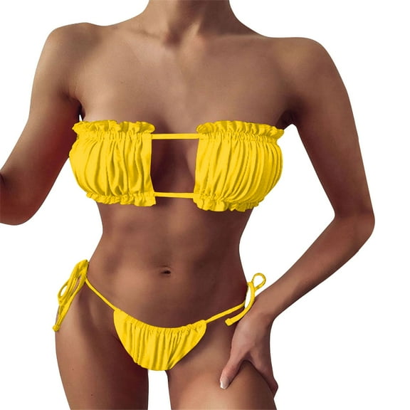 Cathalem Womens Two Piece Swimsuit 2 Piece Bikini Set V Neck Cutout Swimsuit High Waisted Textured Ruched 2025 Summer Beach Swim Bathing Suits (Yellow,M)