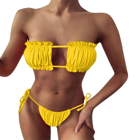 JIANJIA Swim Suits for Women Summer Solid Color Sexy Strapless Pleated Hollowed Out Brassiere With Thongs Two Piece Bikinis Swimwears Beachwear Yellow S