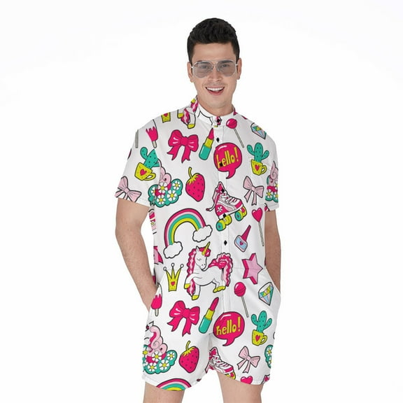 White Girly Unicorn Pattern Short Sleeve Men'S Rompers, Unicorn Casual Summer Jumpsuits Outfit
