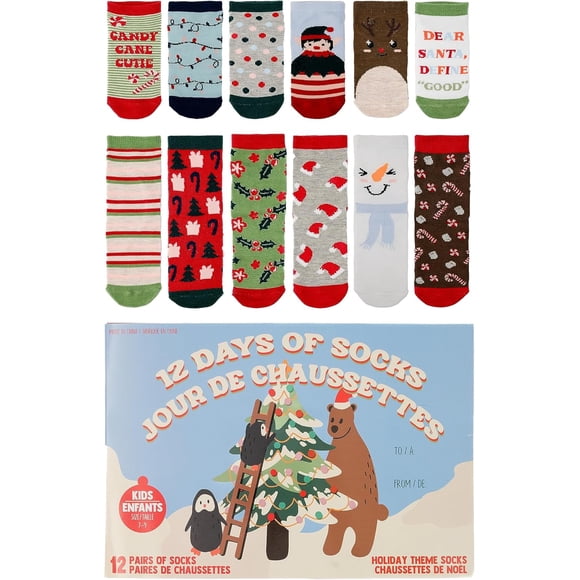 Gertex Kids Holiday "12 Days of Socks" Advent Calendar | Children's Novelty Gift Graphic Socks | Multiple Box Styles