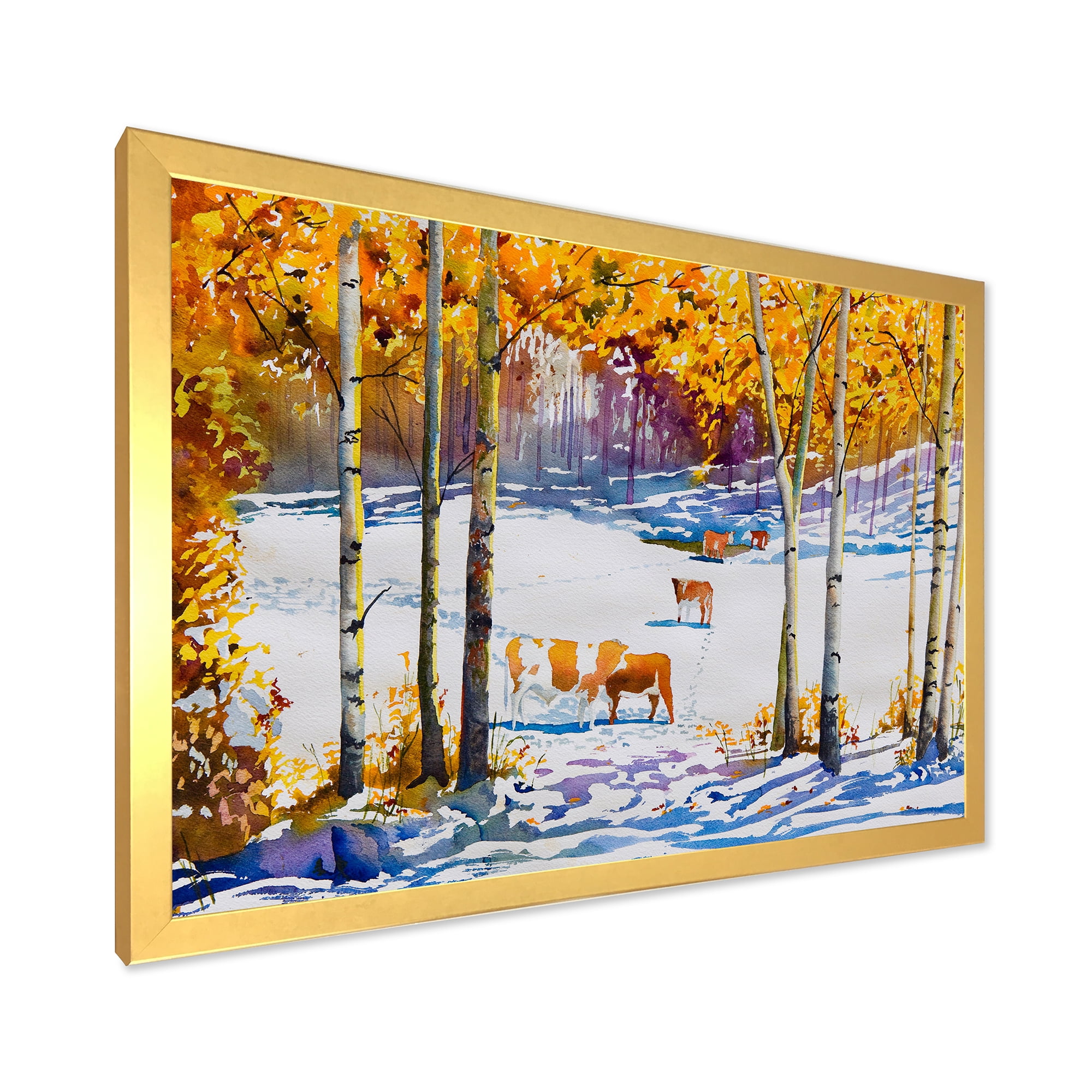 Designart 'Cattles In The Early Snow In The Tree Forest' Farmhouse Framed Art Print