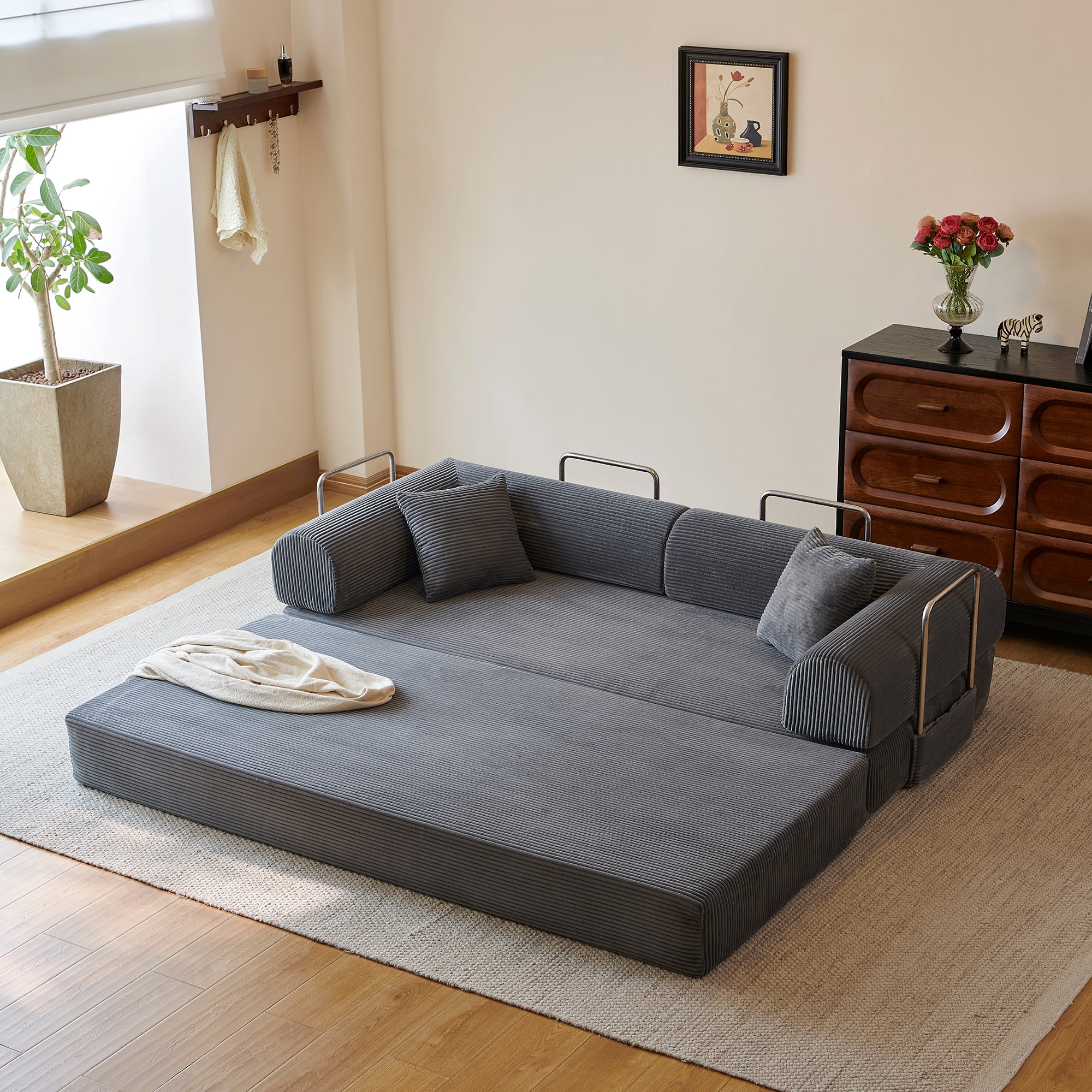Howcool 79" Boneless Sleeper Sofa Bed, 2-in-1 Pull Out Convertible Loveseat Couch with 2 Throw Pillows, Corduroy Futon Floor Sofa for Living Room, No Assembly Required, Grey