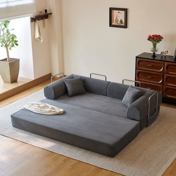 78" Convertible Sofa Bed, Corduroy Futon Pull Out Couch Folding Mattress Floor, No Assembly Boneless Sleeper Sofa for Living Room, Grey